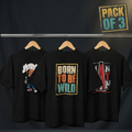 Three black t-shirts with graphic designs on a dark background, labeled 'Pack of 3'.