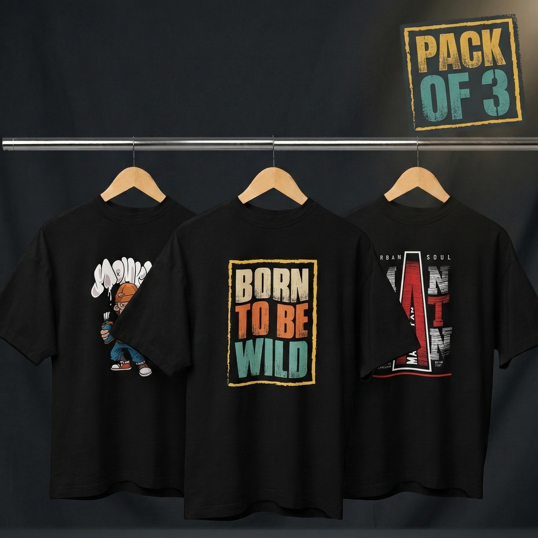 Three black t-shirts with graphic designs on a dark background, labeled 'Pack of 3'.