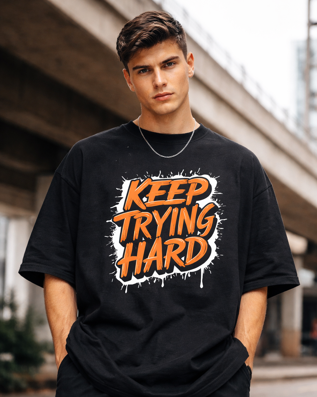 Person wearing a black t-shirt with 'KEEP TRYING HARD' text in an urban setting