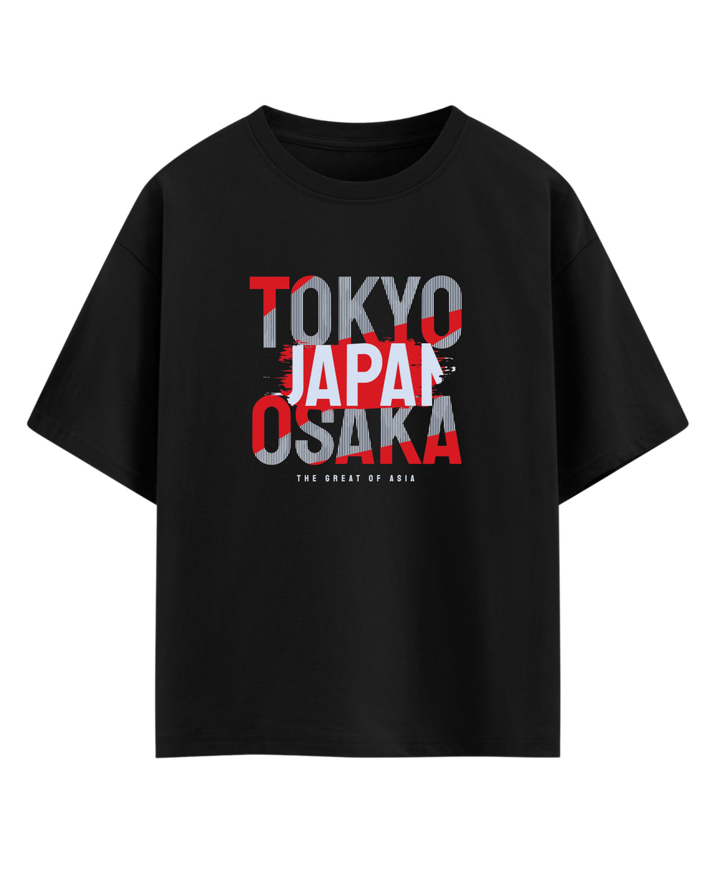 Black t-shirt with 'TOKYO JAPAN OSAKA' text in red and gray on a white background