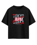 Black t-shirt with 'TOKYO JAPAN OSAKA' text in red and gray on a white background