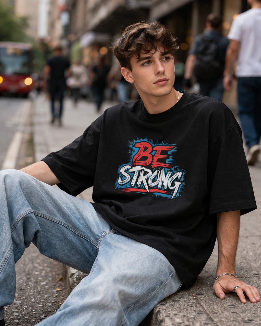 Person wearing a black t-shirt with 'BE STRONG' text sitting on a city street.