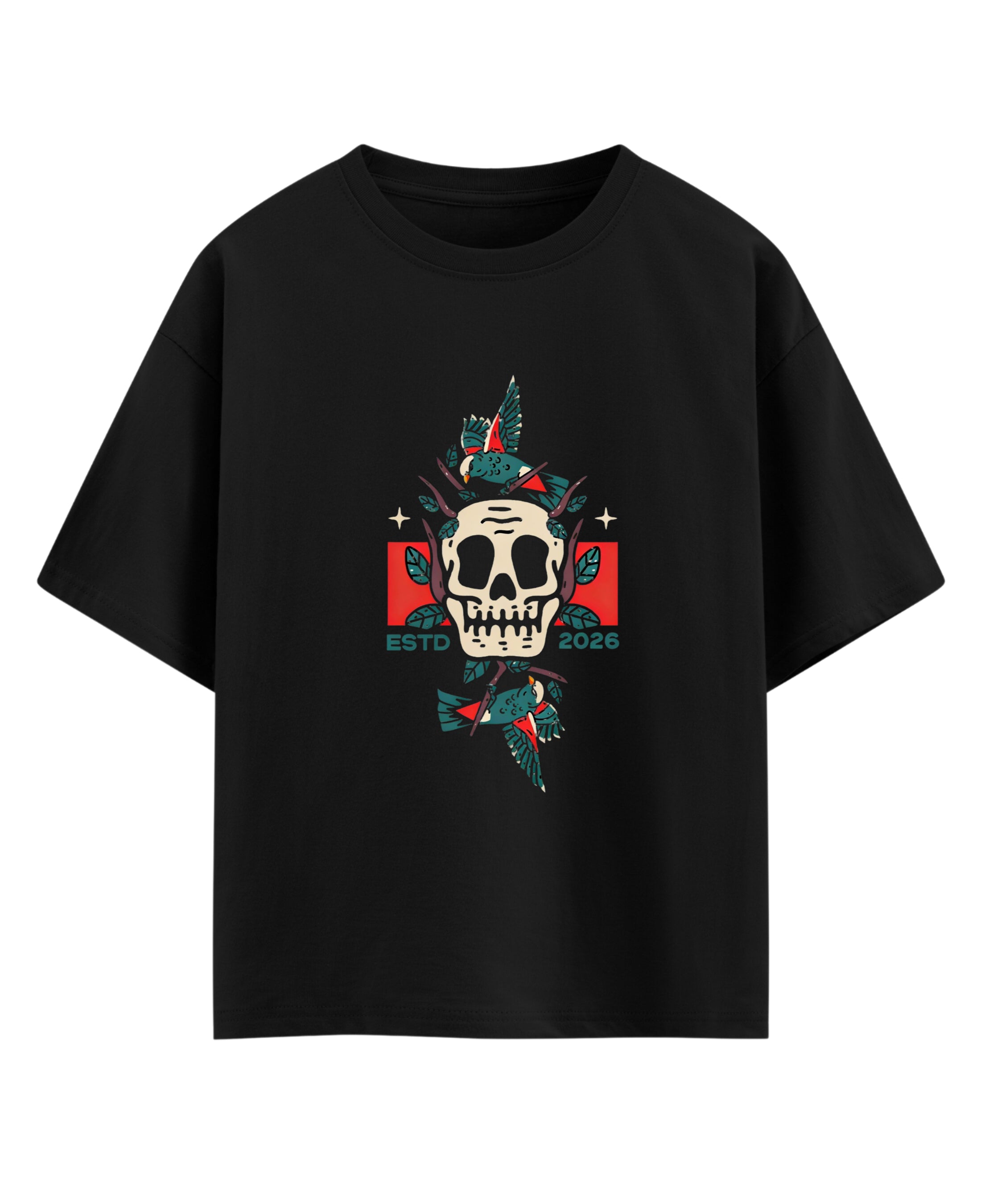 Fulloat Skull Bird Illustration Oversized T-Shirt