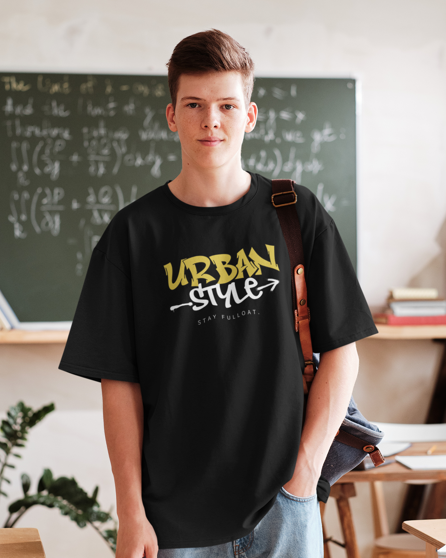 Person wearing a black t-shirt with 'Urban Style' text in a classroom setting