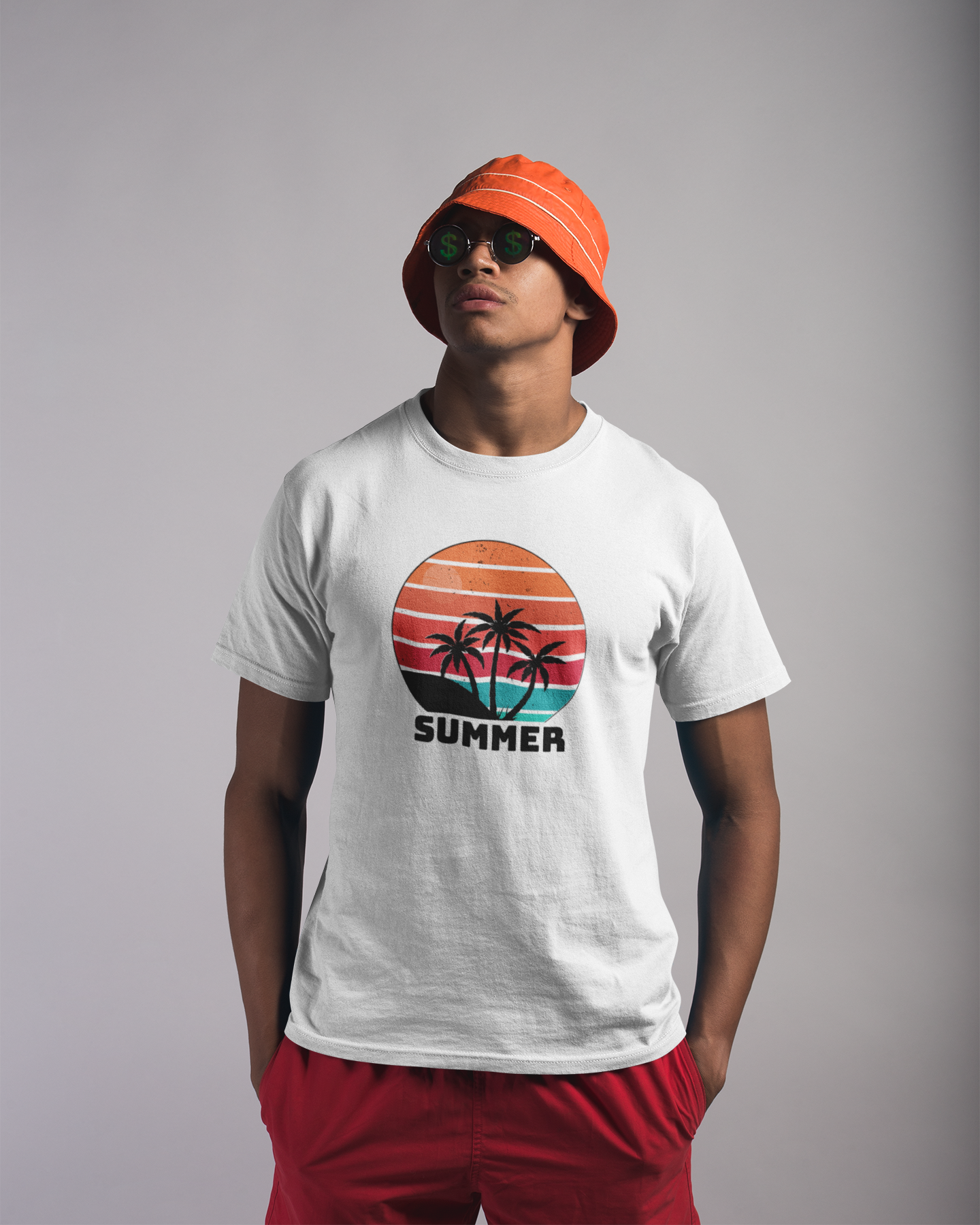 Person wearing a white t-shirt with a 'Summer' design and an orange bucket hat on a gray background