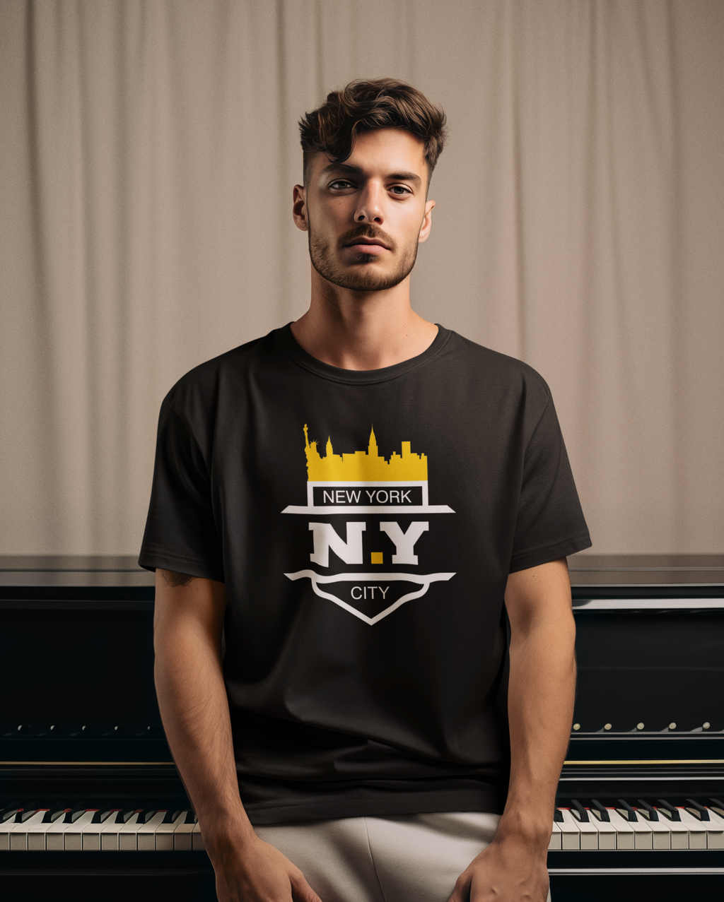 Man wearing a black t-shirt with 'New York City' design sitting in front of a piano.