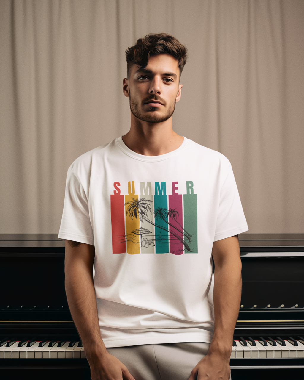 Man wearing a white t-shirt with 'Summer' design in front of a piano.