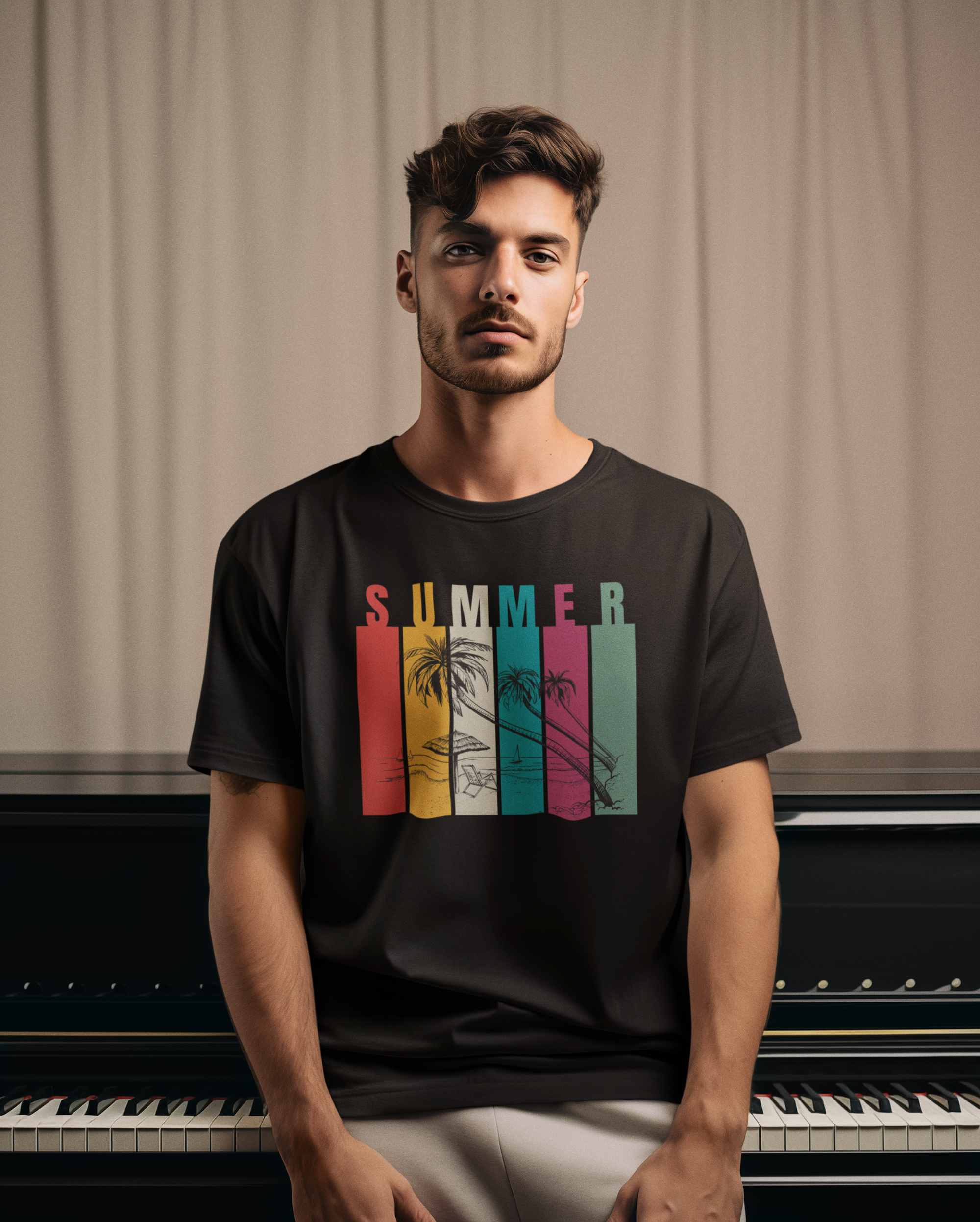 Man wearing a black t-shirt with 'Summer' design sitting in front of a piano.