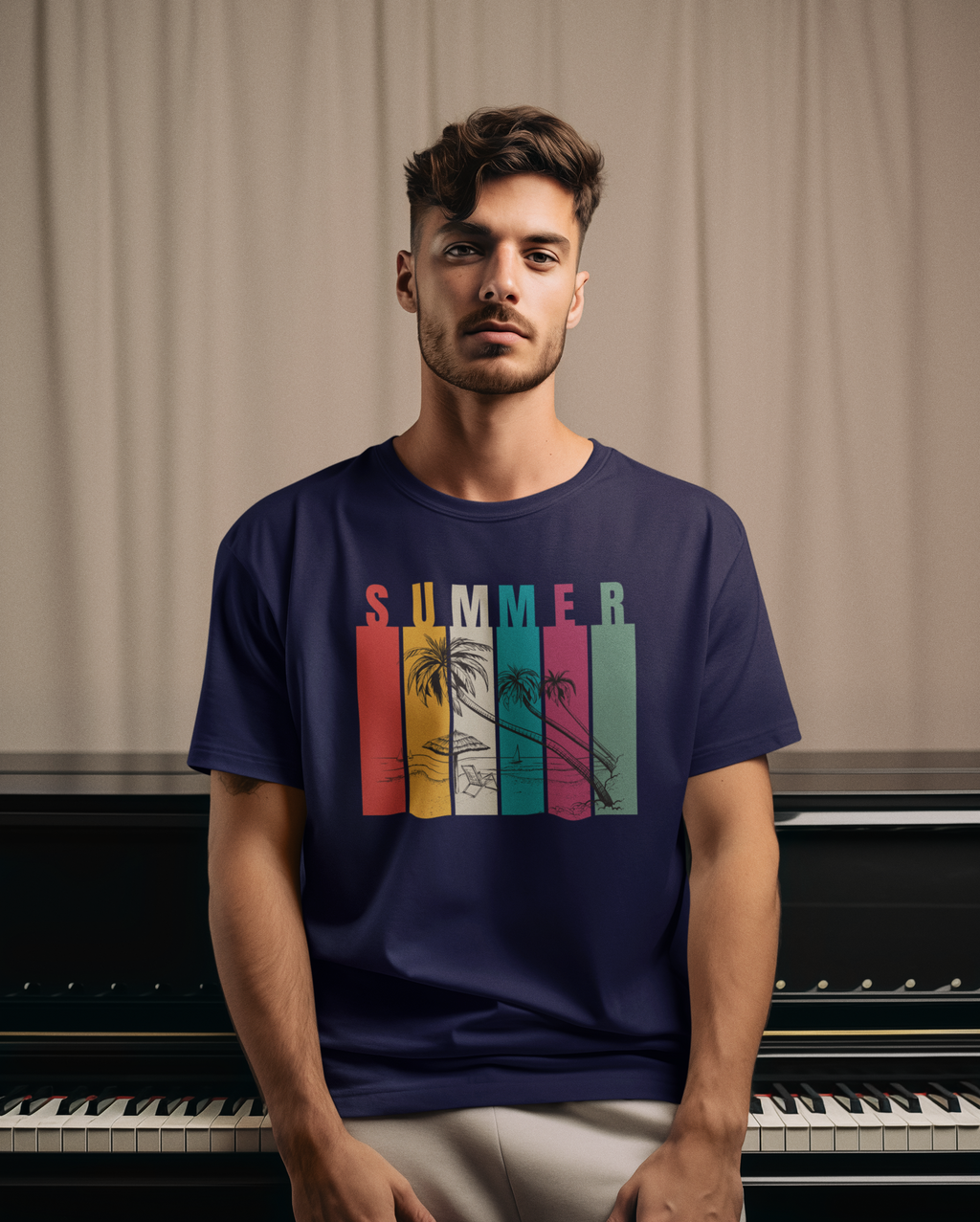 Man wearing a navy blue t-shirt with 'Summer' design sitting in front of a piano.