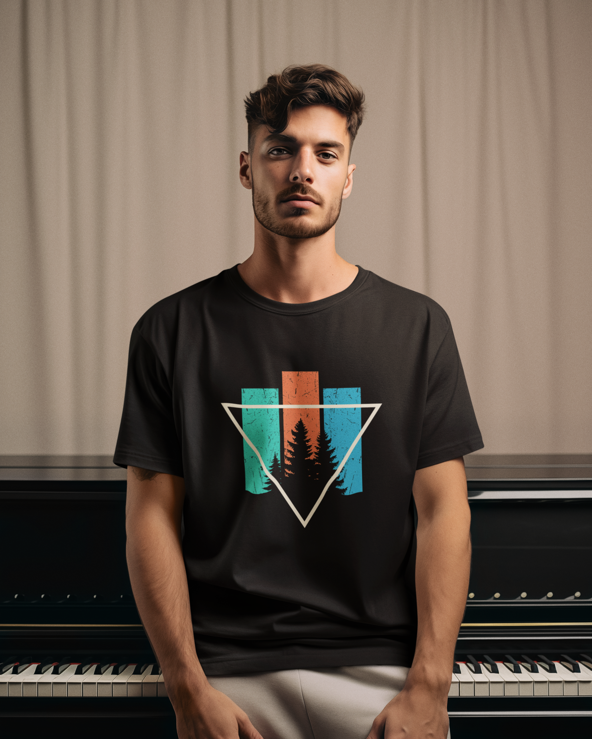 Man wearing a black t-shirt with a geometric design sitting in front of a piano.