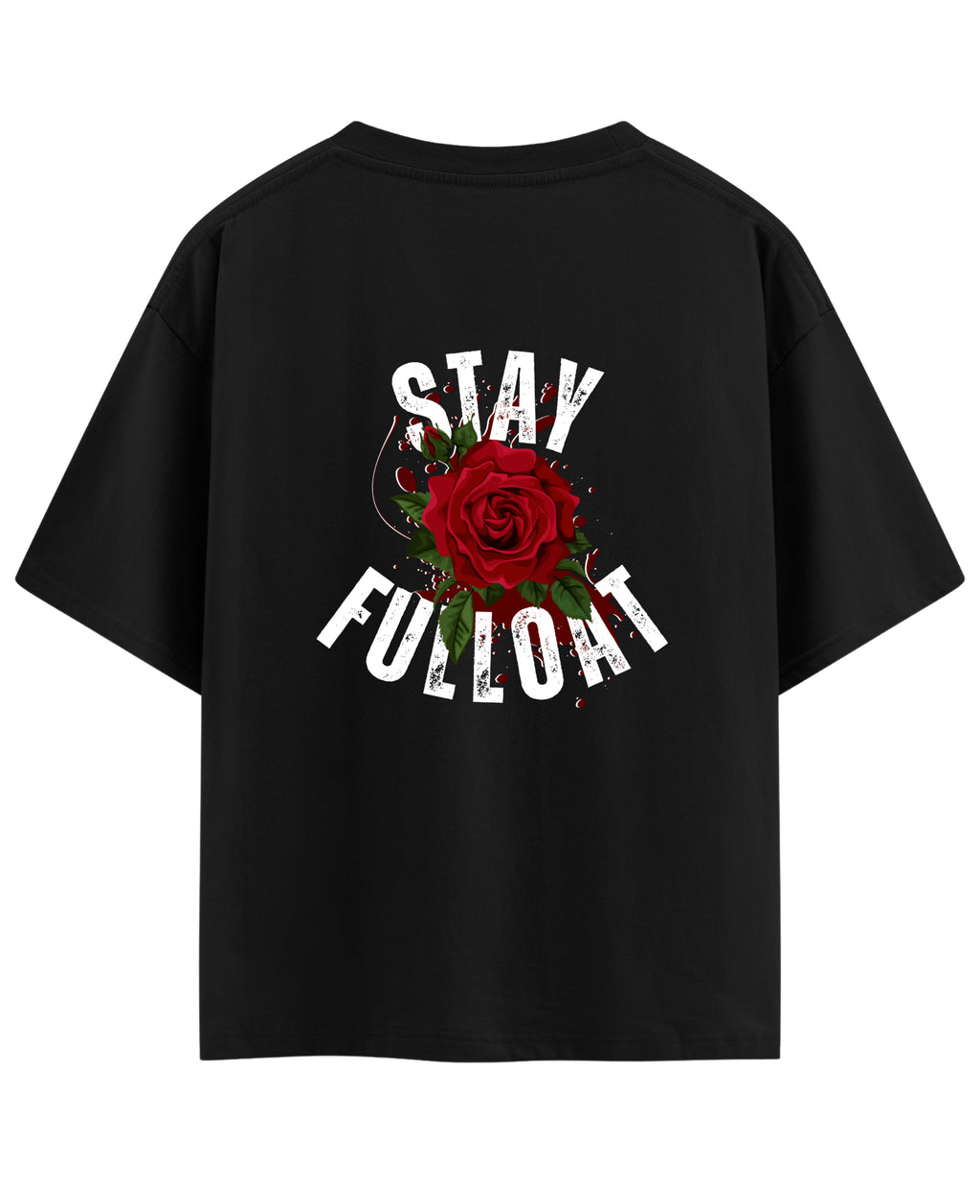 Black t-shirt with a red rose and 'Stay Fullboat' text on the back