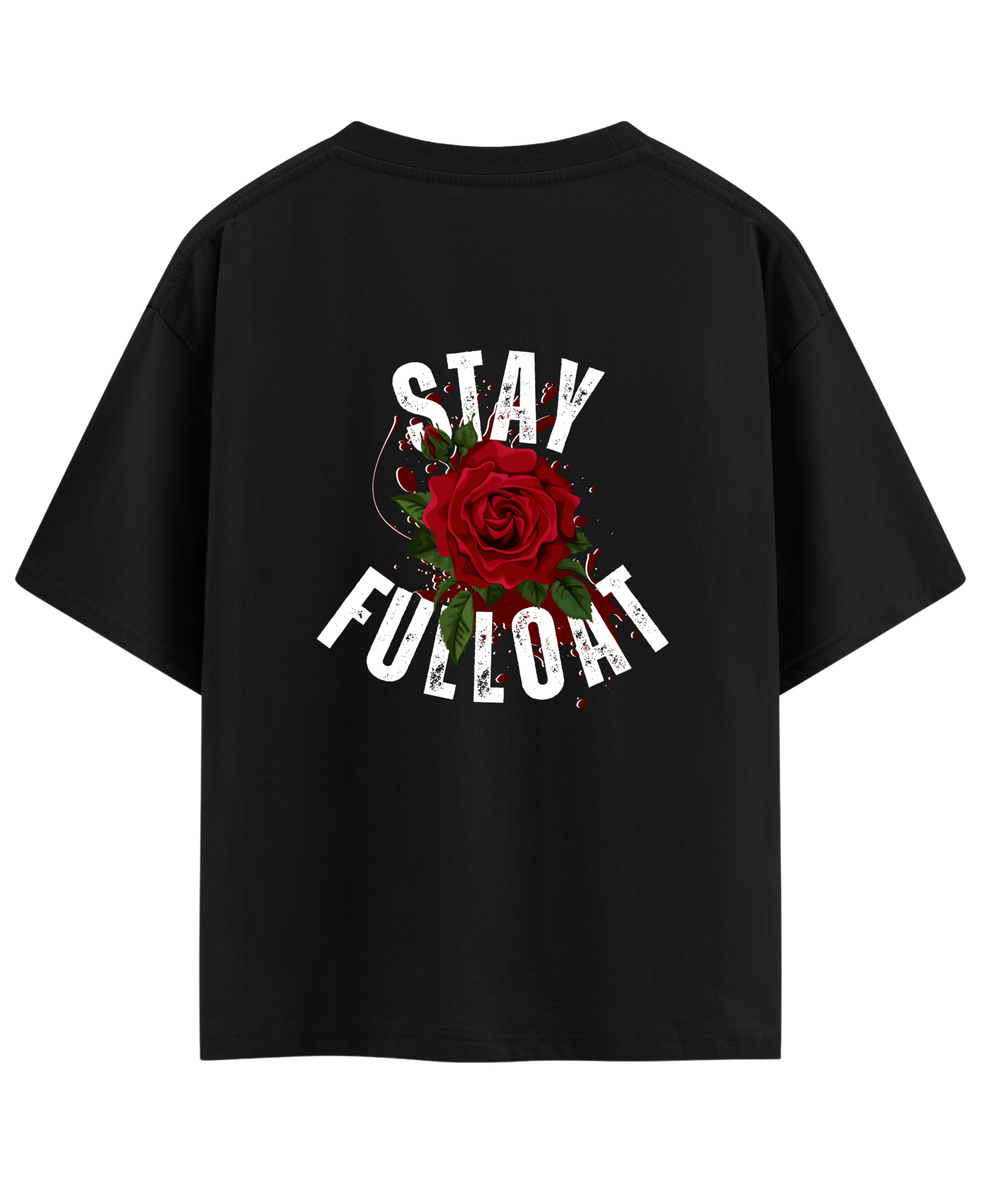 Black t-shirt with a red rose and 'Stay Fullboat' text on the back
