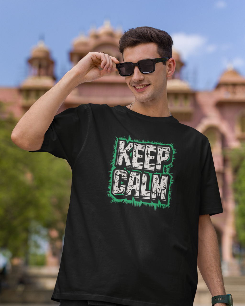 Man wearing a black t-shirt with 'KEEP CALM' text, posing outdoors with a blurred architectural background.