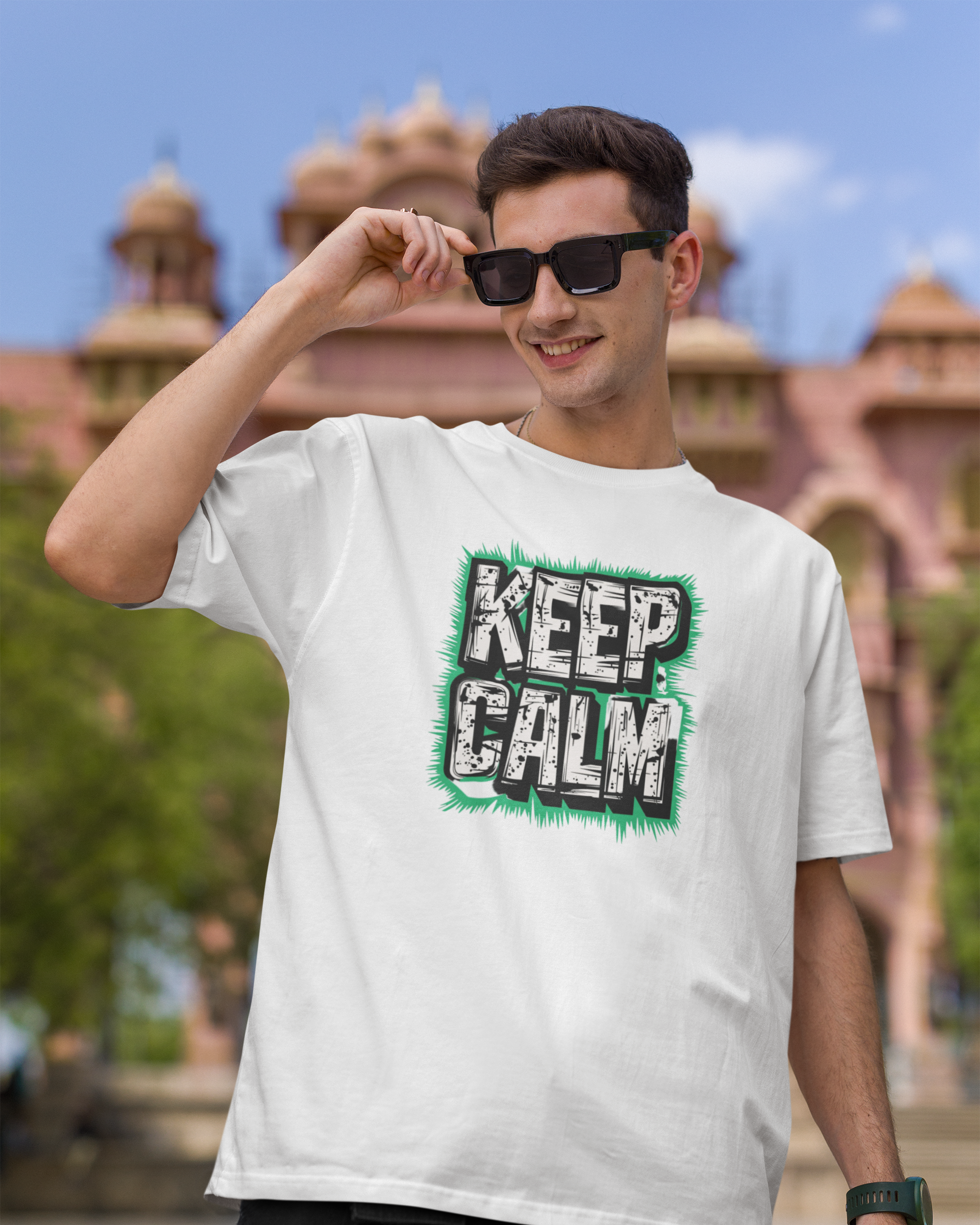 Man wearing a white t-shirt with 'KEEP CALM' text, sunglasses, and black pants in front of a blurred architectural background.