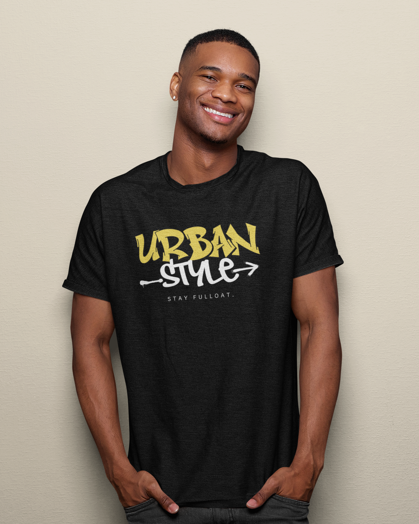 Man wearing a black t-shirt with 'Urban Style' text against a beige background