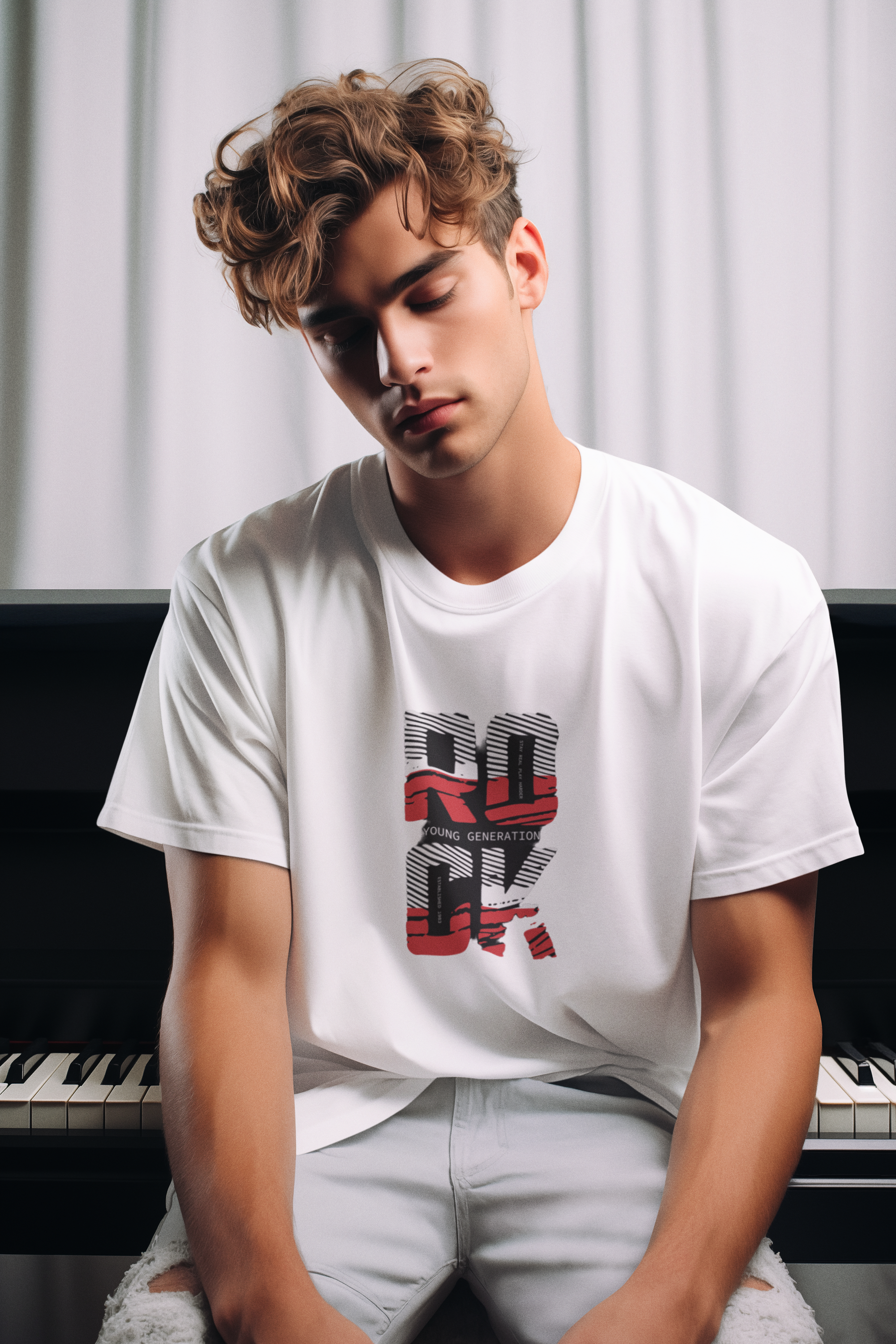 Person wearing a white t-shirt with red and black text sitting in front of a piano.