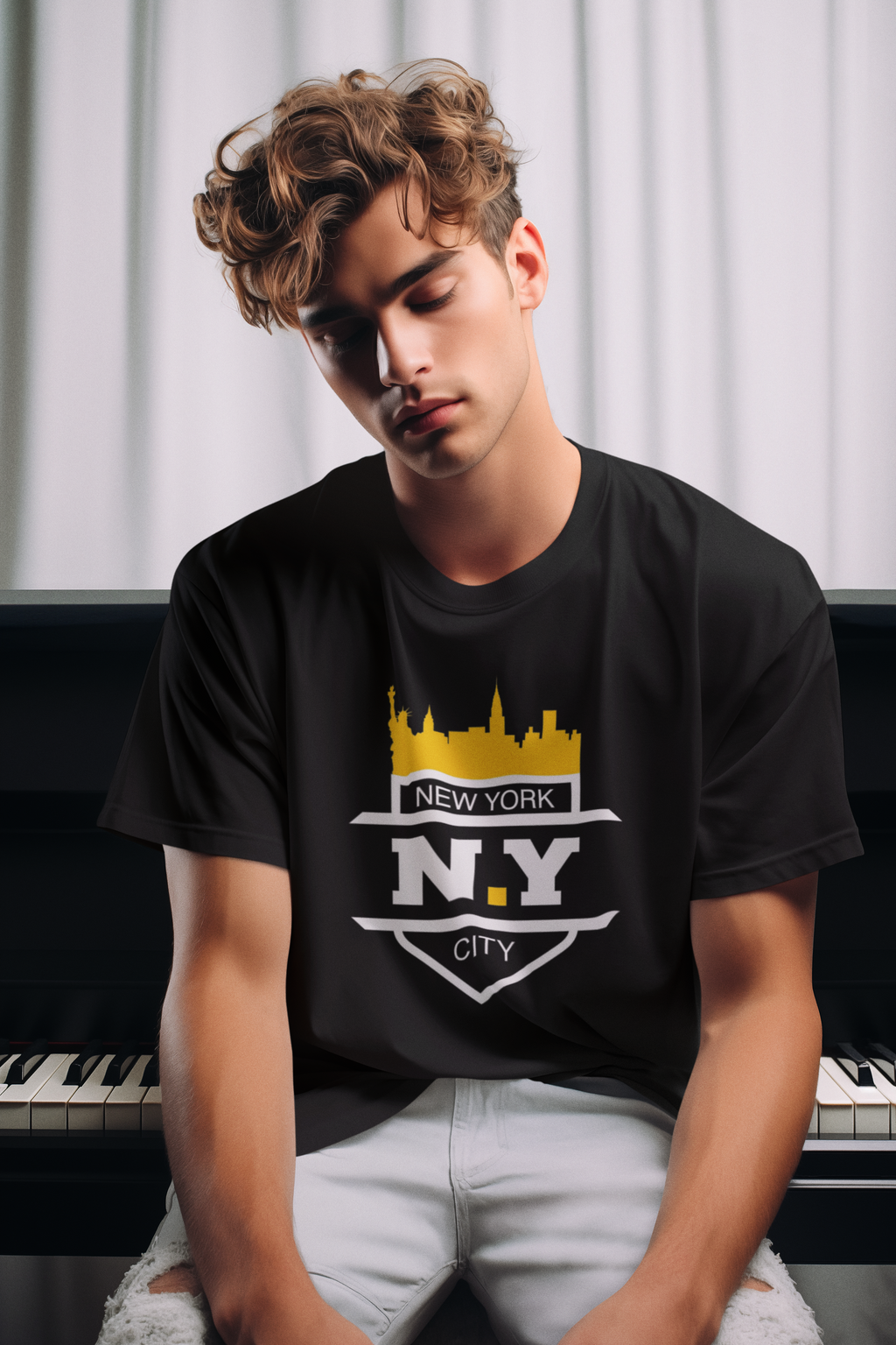 Person wearing a black t-shirt with 'New York N.Y City' design sitting on a piano.