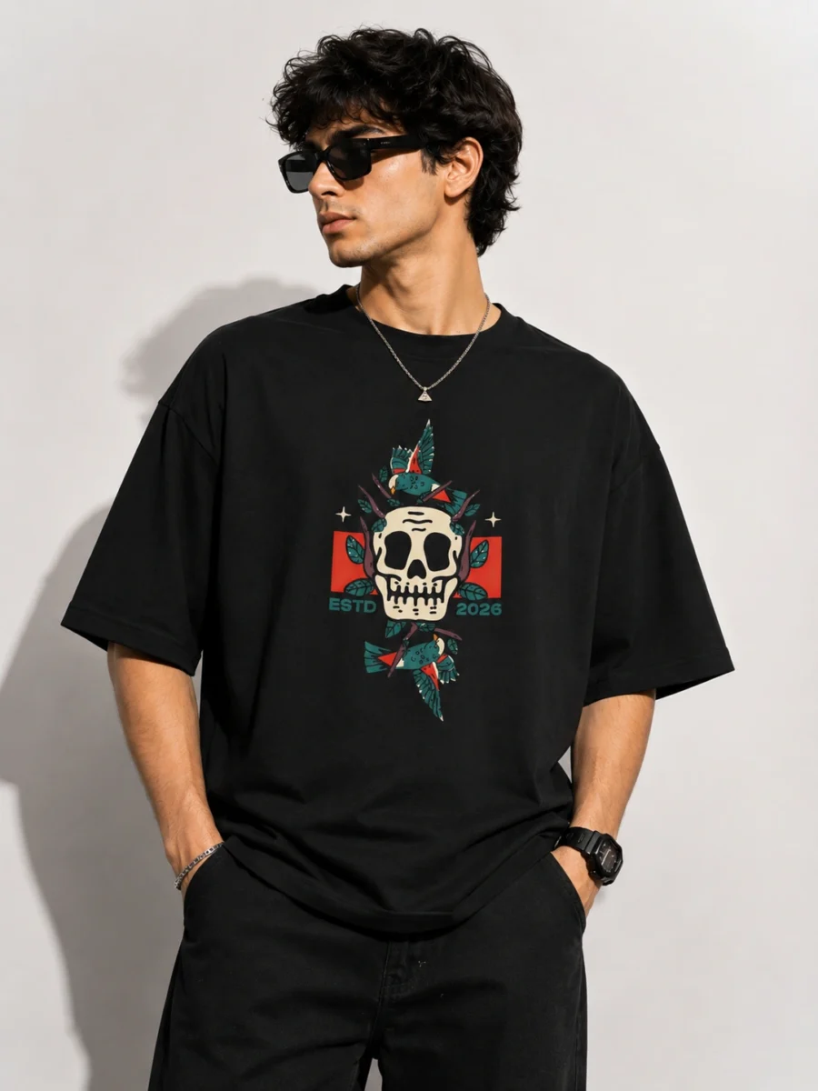 Skull oversized t-shirt with hand-drawn skull and bird illustration