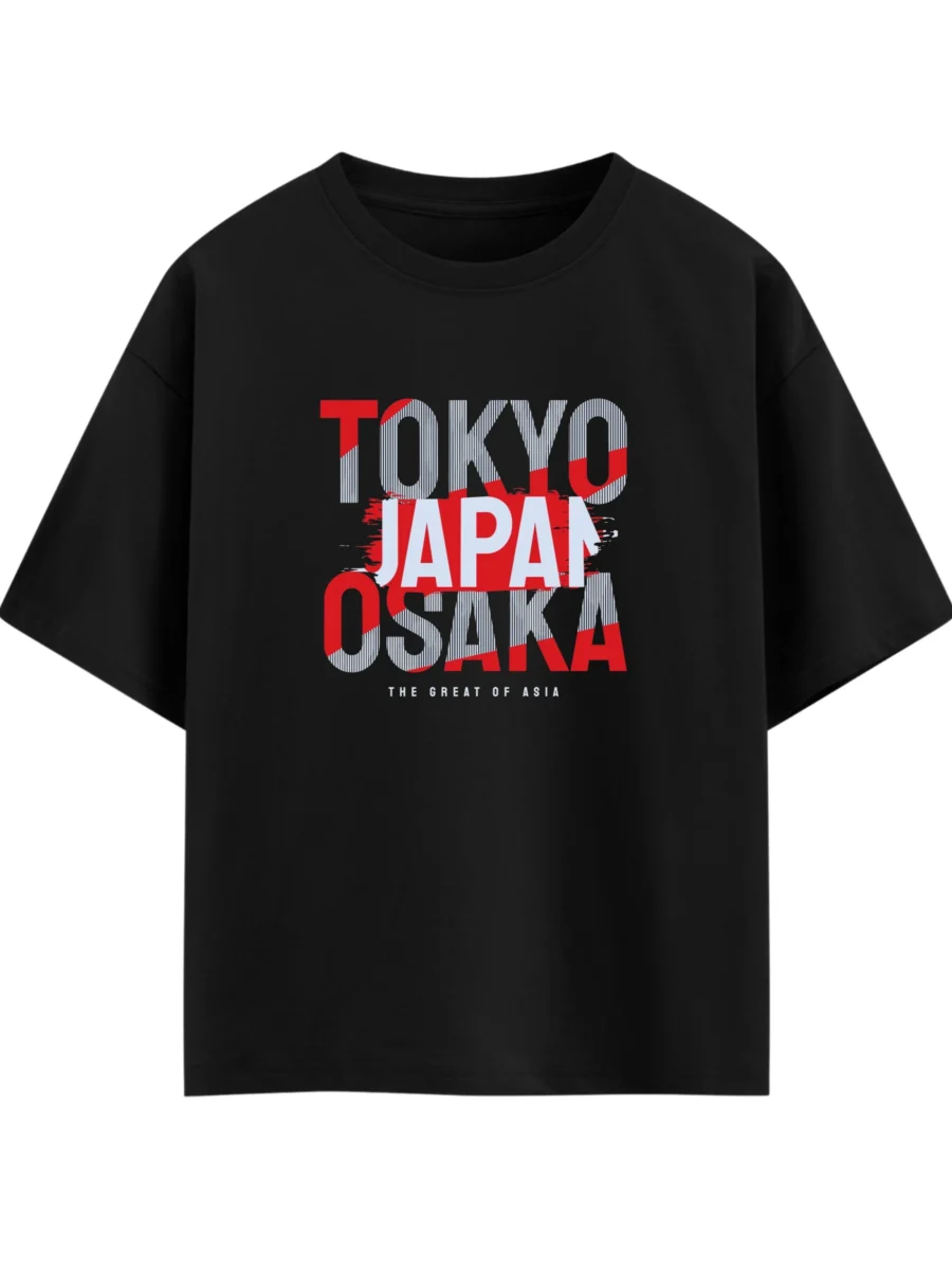 Tokyo oversized t-shirt with Japanese illustration on black cotton