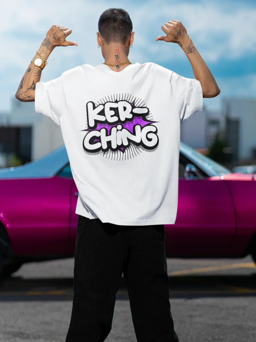 Kerching signature oversized t-shirt in white, back print view