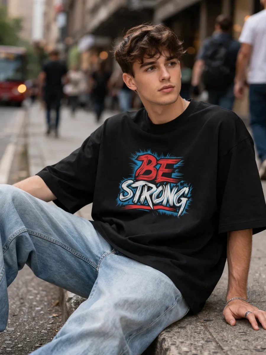 Man wearing a black Be Strong signature oversized t-shirt on a city curb