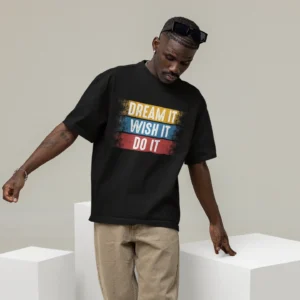 Dream It typography on a black oversized t-shirt