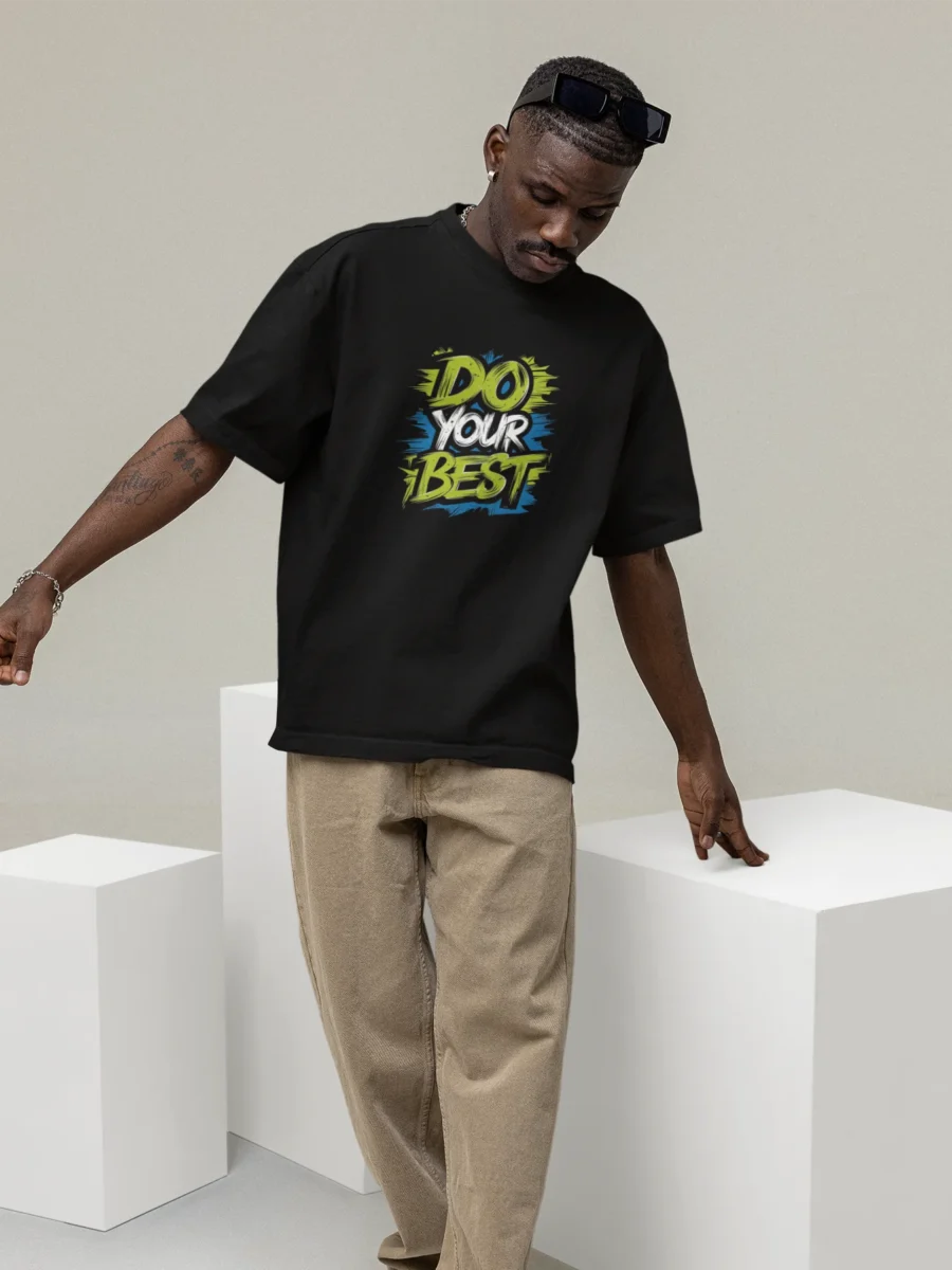 Typography oversized t-shirt with Do Your Best slogan on black cotton