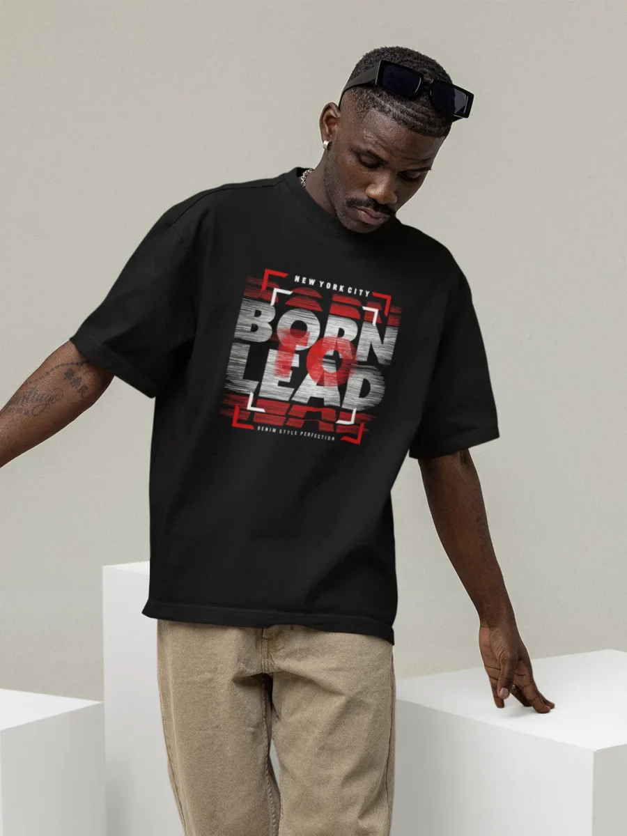 Born To Lead oversized t-shirt in black 220 GSM cotton, front view