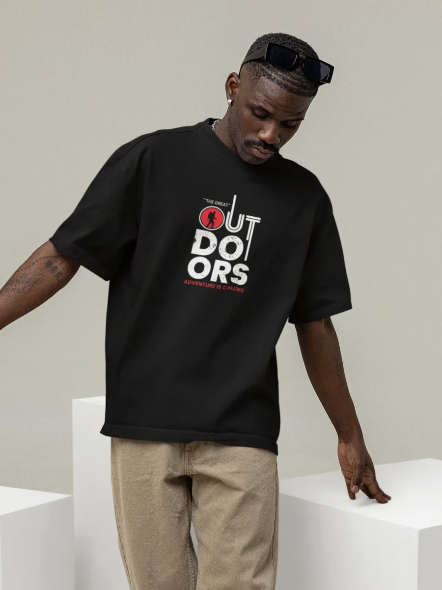 Outdoors design on a black oversized t-shirt
