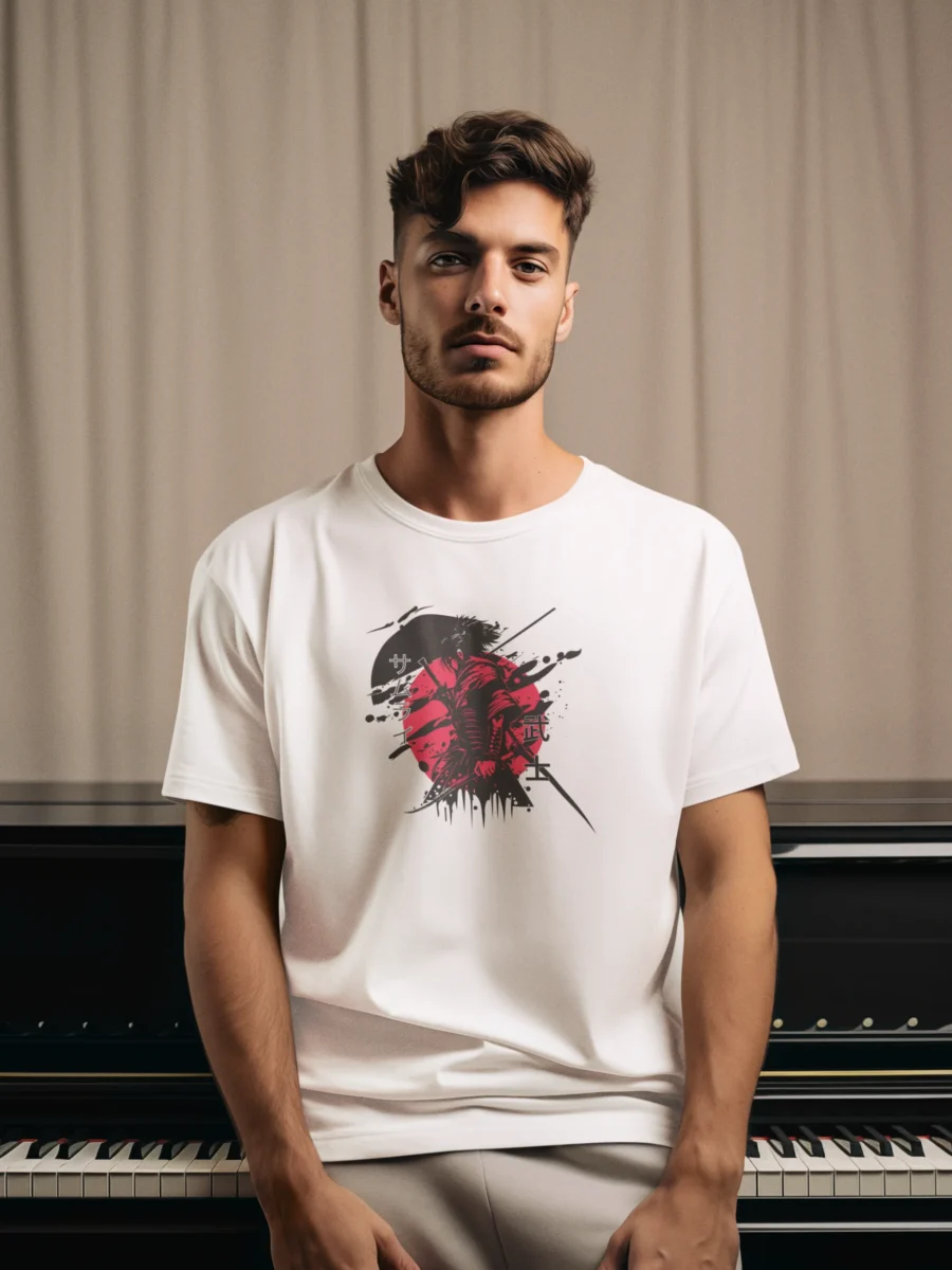 Samurai t-shirt with red and black artwork on white cotton