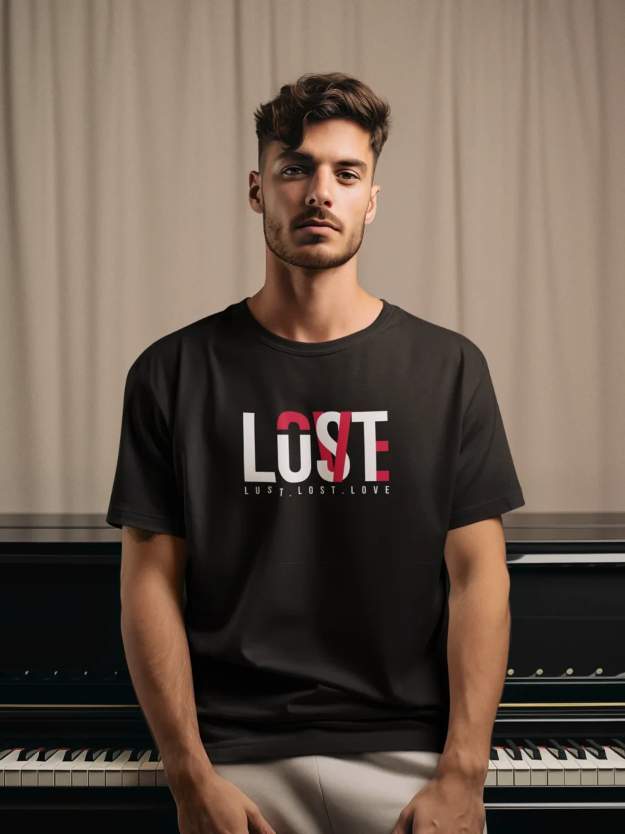 Love Lust Lost t-shirt with typography print on black cotton