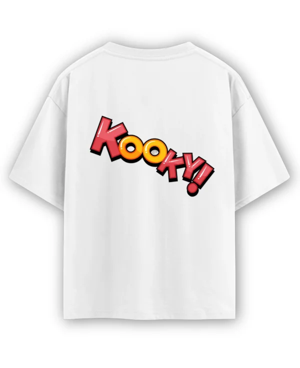 Back view of a white Fulloat Kooky signature oversized t-shirt