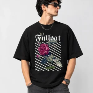 Fulloat Rose Graphic Streetwear Portrait Oversized T-Shirt in black – front view