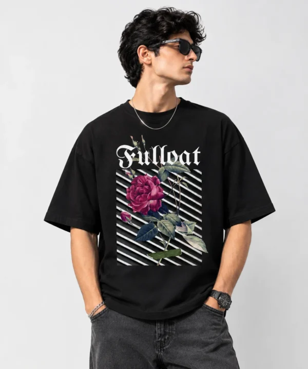 Fulloat Rose Graphic Streetwear Portrait Oversized T-Shirt in black – front view