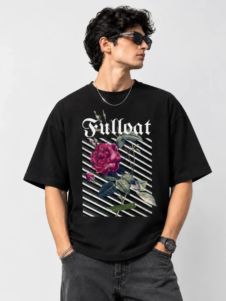 Fulloat Rose Graphic Streetwear Portrait Oversized T-Shirt