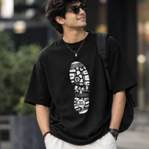 Off Grid Urban Portrait Oversized T-Shirt in black – back view showing the “Off Grid” lettering