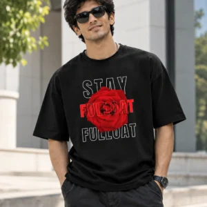 Urban Rose Graphic Streetwear Portrait Oversized T-Shirt in black – front view showing the graphic print