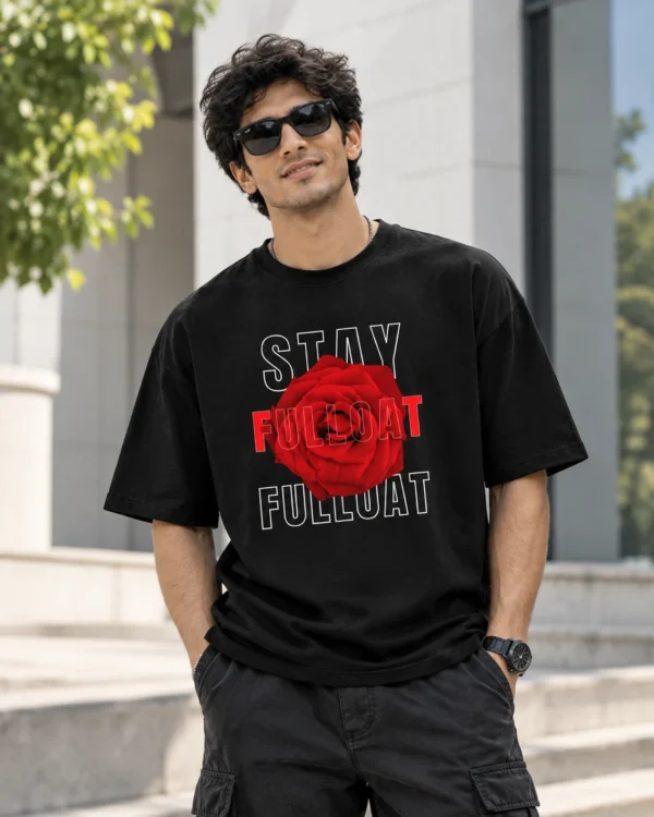 Urban Rose Graphic Streetwear Portrait Oversized T-Shirt in black – front view showing the graphic print