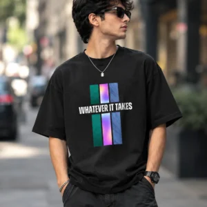 Urban Streetwear Portrait With Graphic Oversized T-Shirt in black – front view