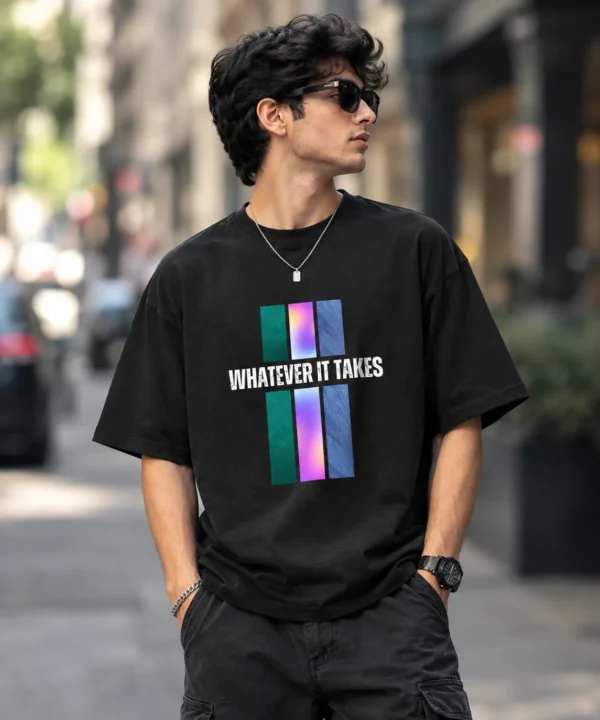 Urban Streetwear Portrait With Graphic Oversized T-Shirt in black – front view