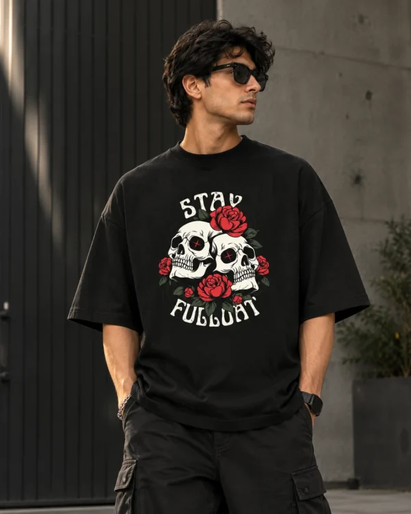 Urban Streetwear Skull Graphic Portrait Oversized T-Shirt in black – front view